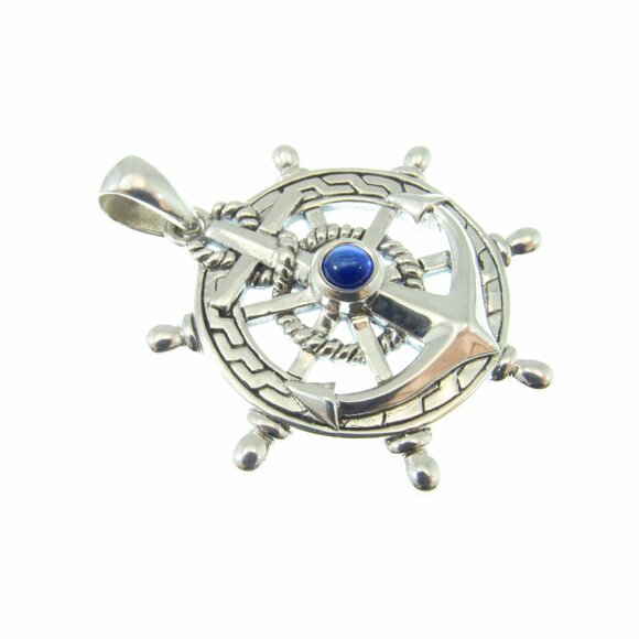 Solid 925 Sterling Silver Ship's Wheel Helm Pendant w/ Sapphire Nautical Jewelry - Picture 6 of 9